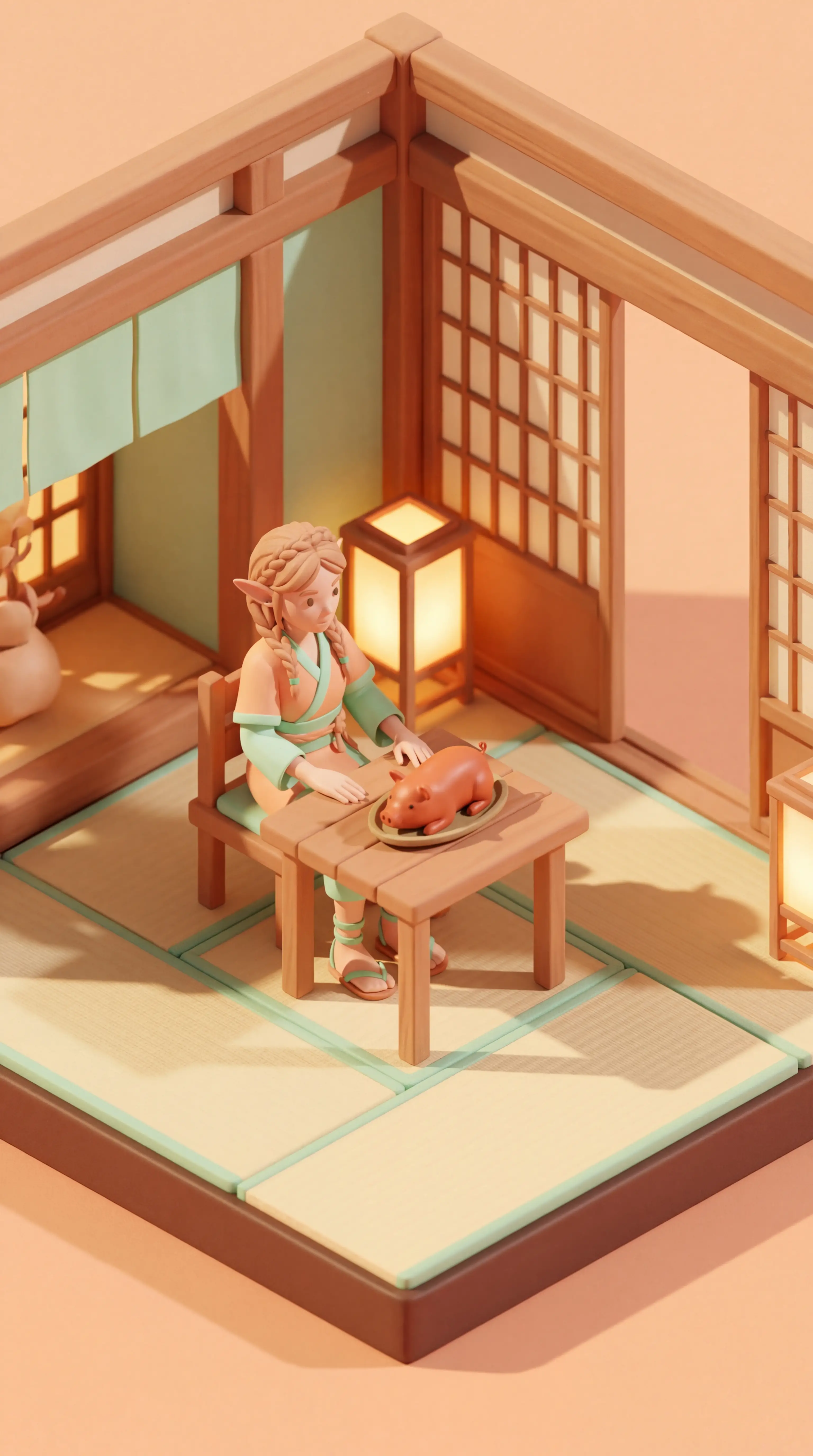 Miniature de jeune elfe de fantasy dans un diorama de taverne japonaise