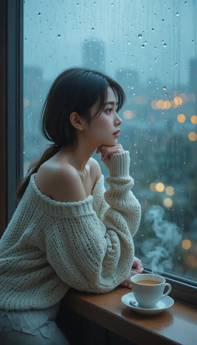 Fille en pull oversize regardant la pluie par la fenêtre