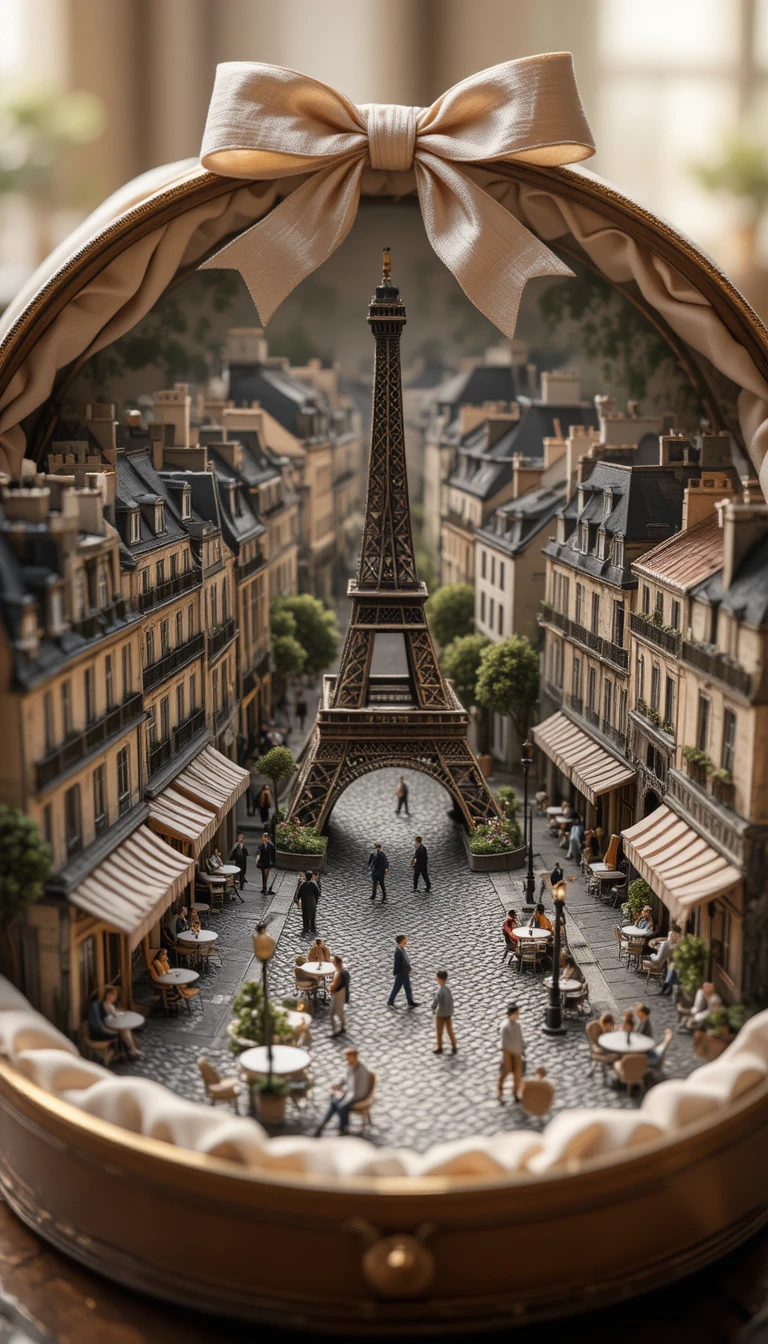 Miniature Paris Diorama Inside A Vintage Silk Lined Hatbox