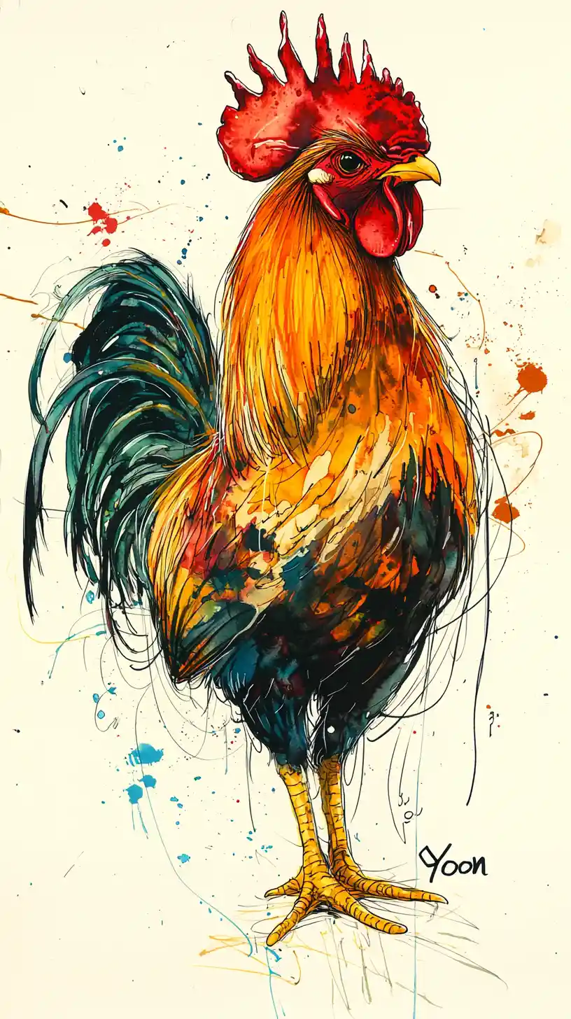 Melancholic rooster walking proudly in ink illustration