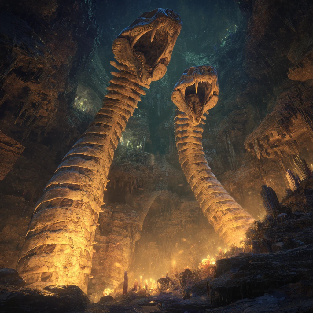 Esqueletos colossais de cobras se enroscam em uma vasta caverna