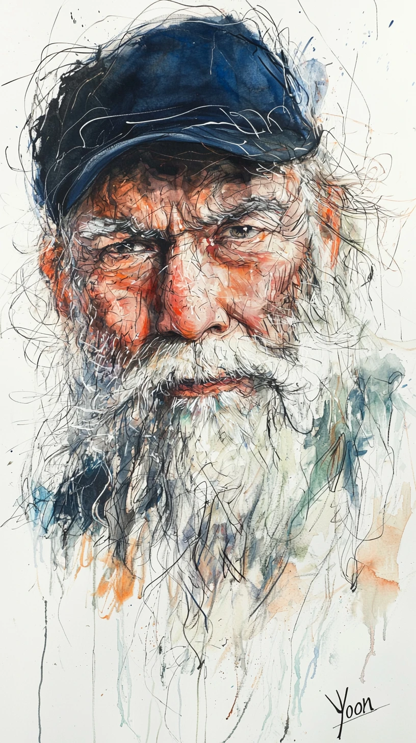 Portrait d’homme âgé barbu à l’encre et à l’aquarelle expressives