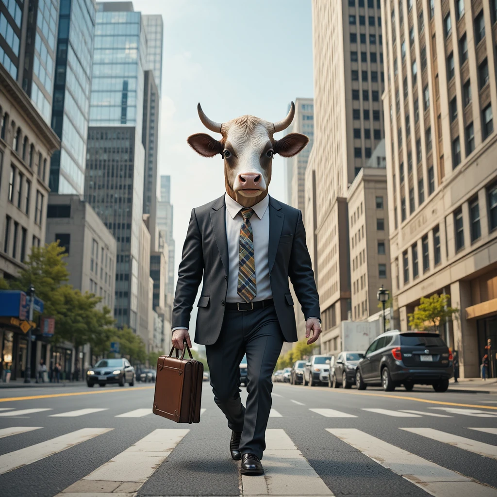 Vaca con traje de oficina caminando por una transitada calle de la ciudad