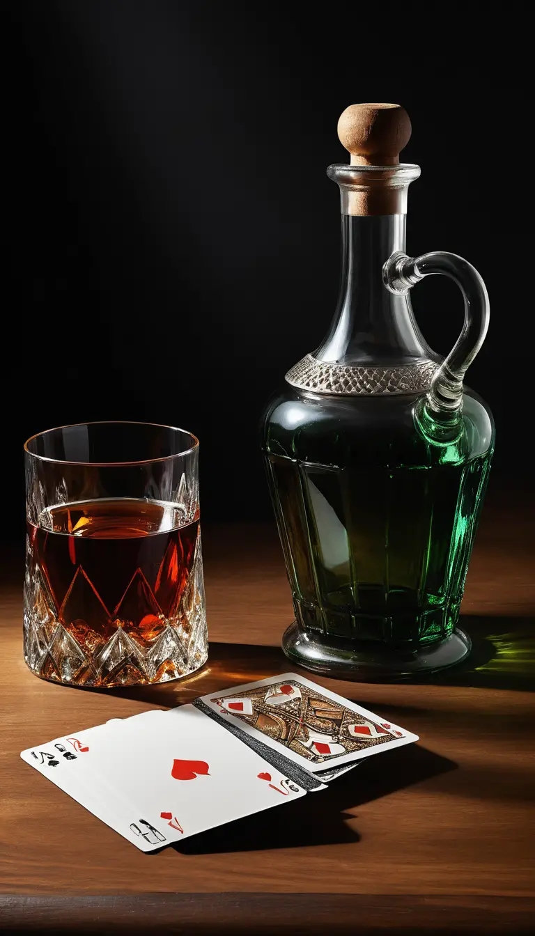 Nature morte de style hollandais avec chope, cartes et verre de whisky