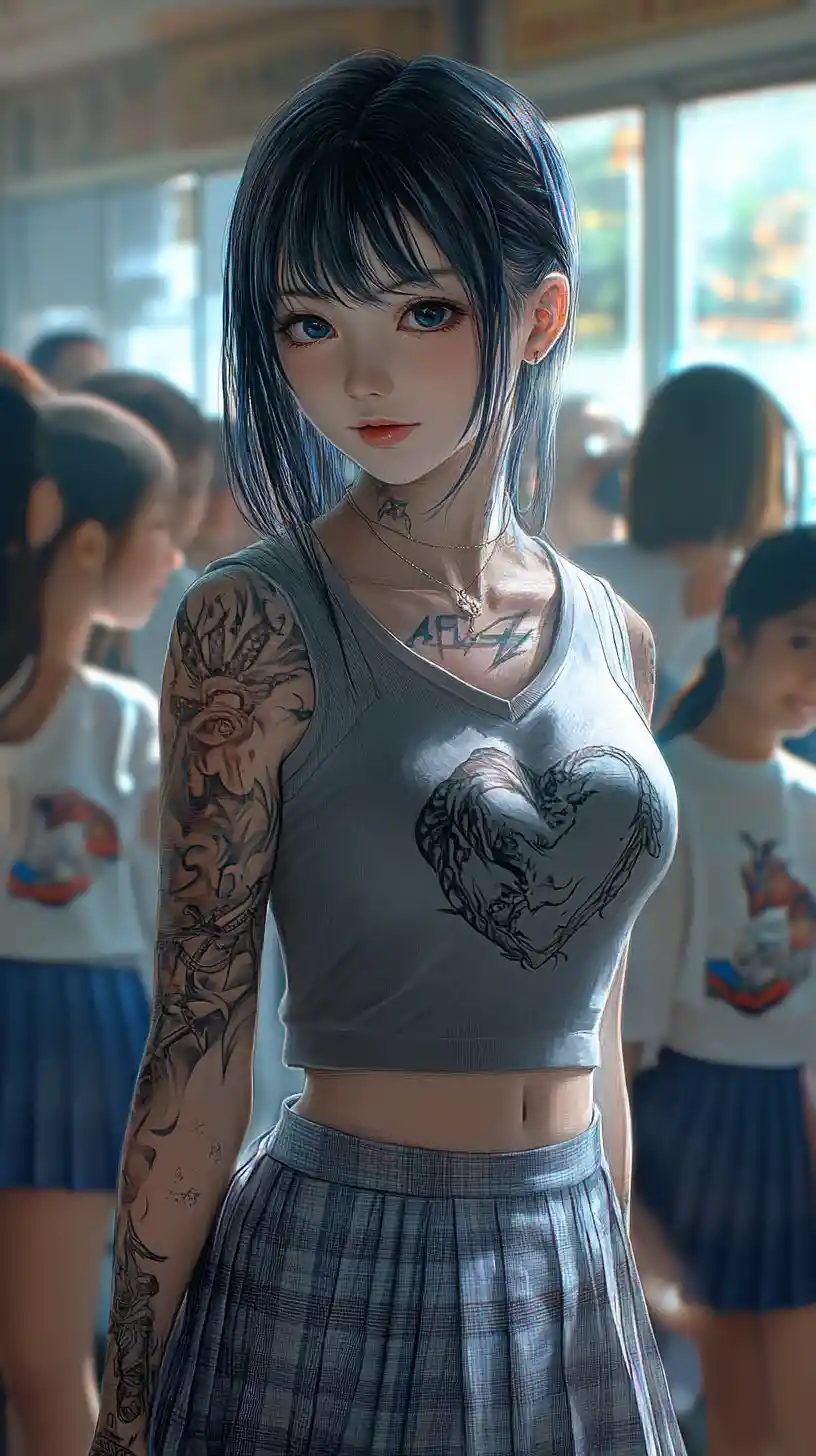 Scolara anime tatuata che sorride in un’aula accogliente