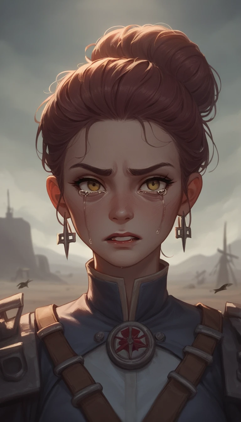 Garota de anime chorando em um deserto árido ao pôr do sol
