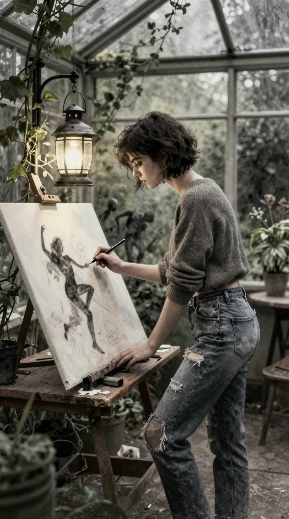 Female artist sketching at a drafting table in moonlit conservatory