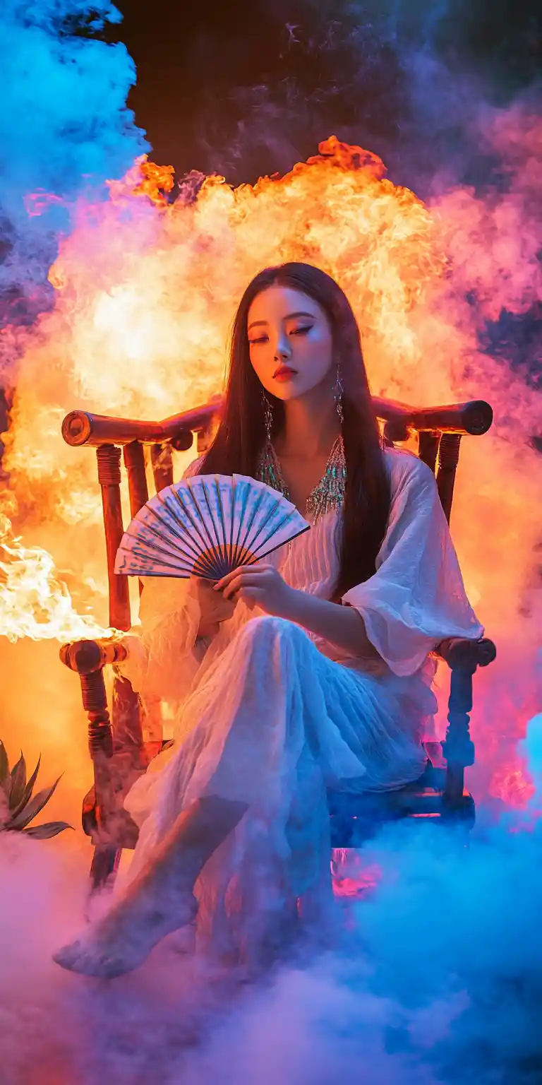Woman in white dress by blue flames at colorful dusk