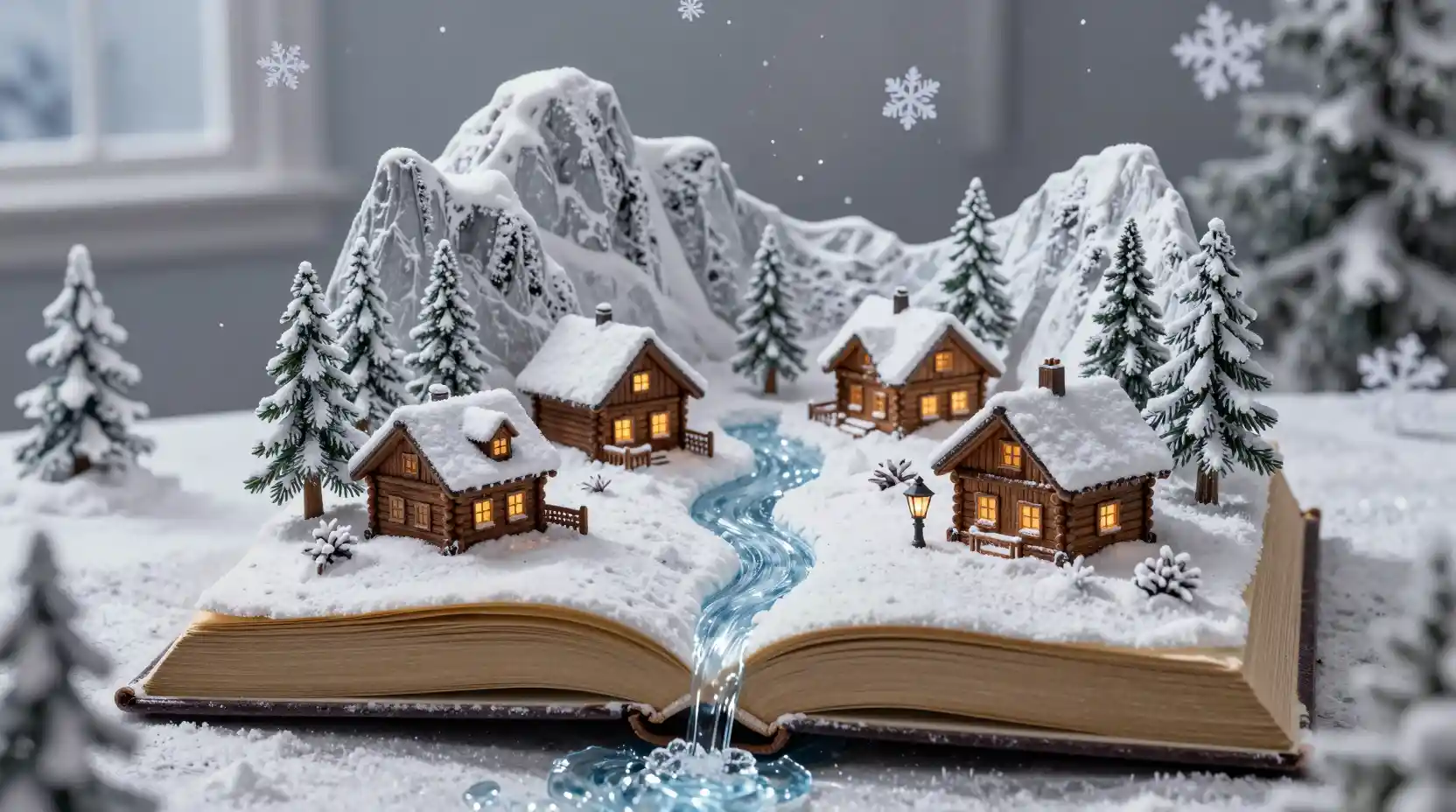 Miniature winter village emerging from an open antique book