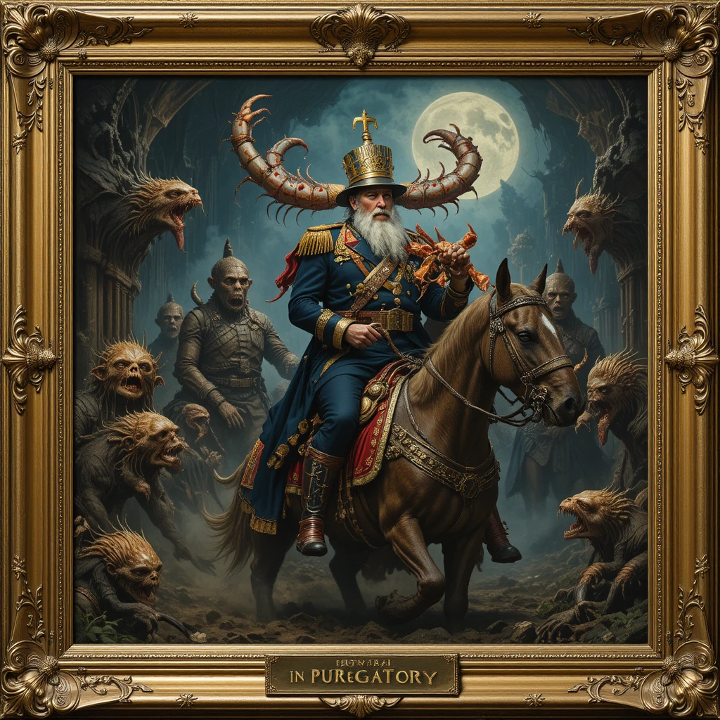 Velho general cavalgando por um purgatório surreal de críptidos