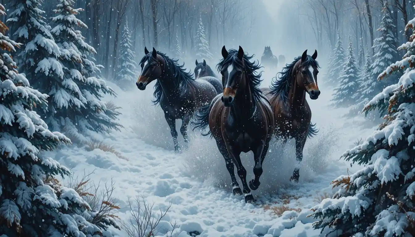 Caballos galopando en un bosque nevado de neón vista superior