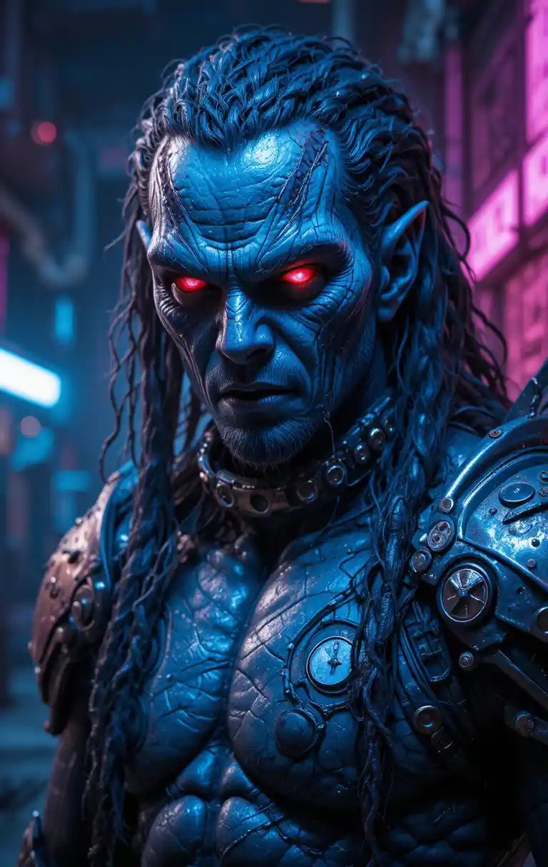Alien warrior close up with glowing red eyes