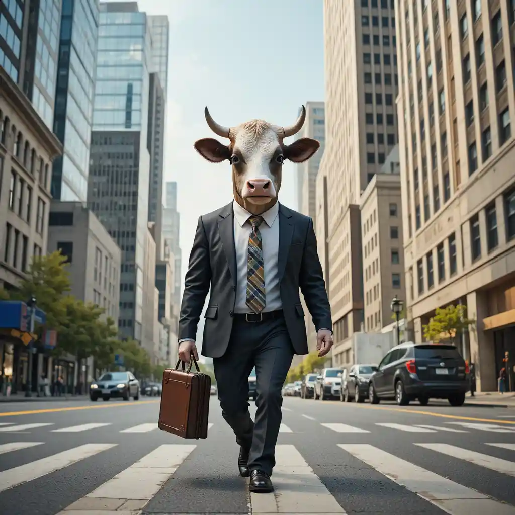 Cow In Office Suit Walking Down Busy City Street