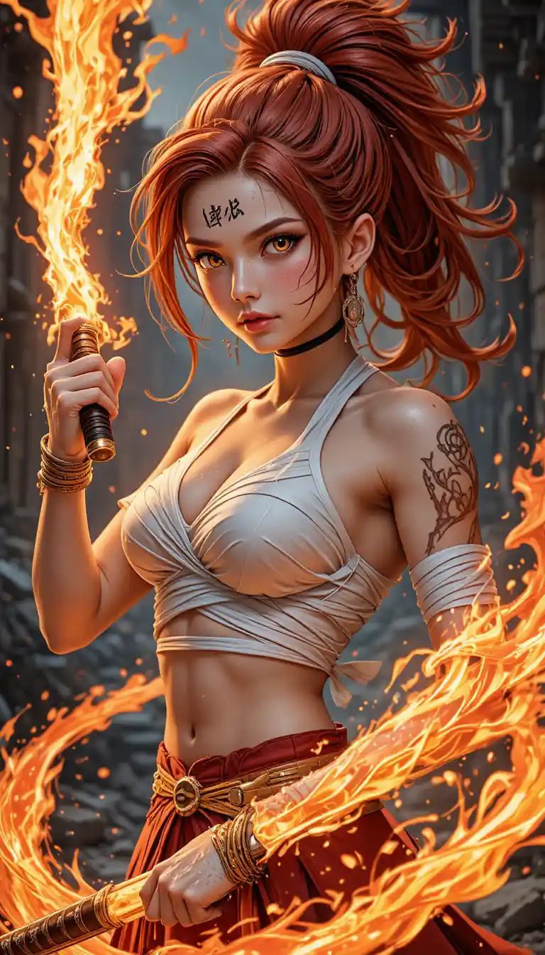 Anime fire warrior woman in ruins with flaming katana