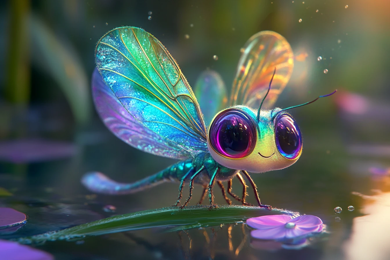Libellule mignonne aux ailes irisées lumineuses près de l’étang