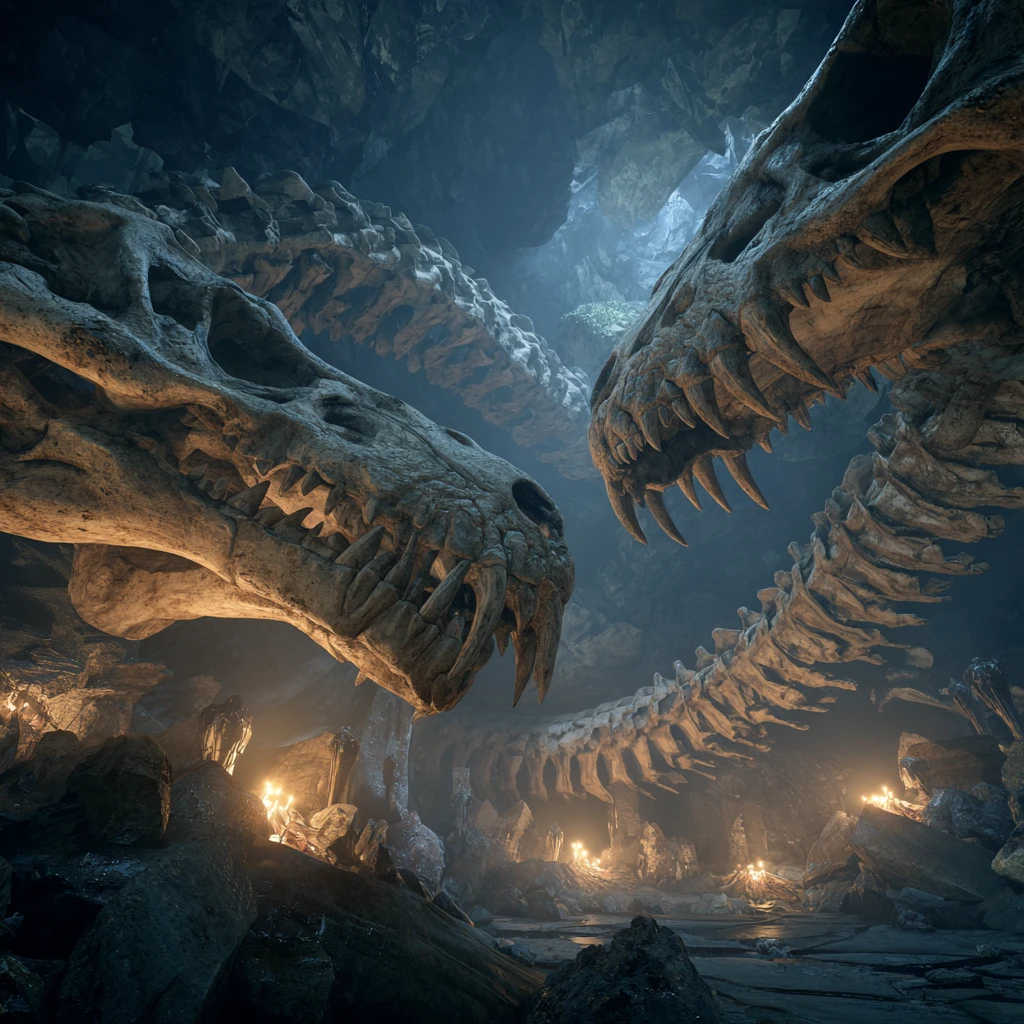 Esqueletos de cobras gigantes entrelaçados em caverna luminosa