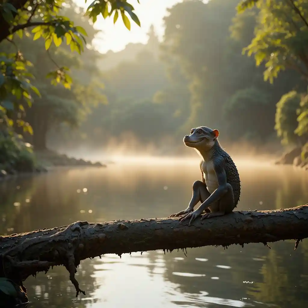 Crocodile se reposant au bord d’une rivière brumeuse au petit matin