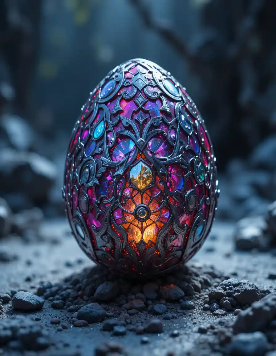 Glowing Dragon Egg Orb Suspended Against Dark Shadowy Background
