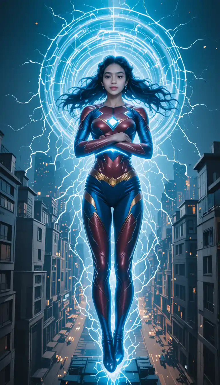 Powerful female superhero levitating over a futuristic city