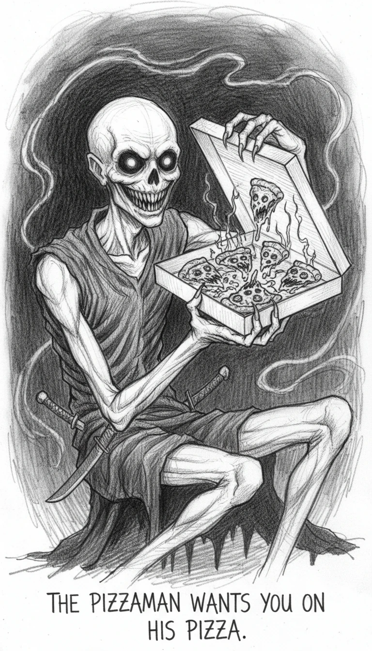 Entregador de pizza esquelético e decadente erguendo uma caixa de pizza sinistra