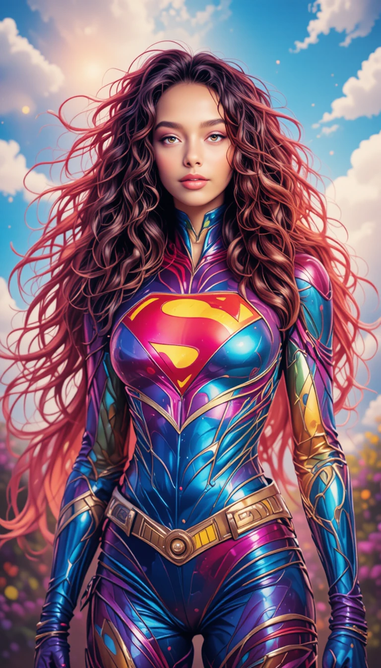 Colorful female superhero flying under a bright sunny sky