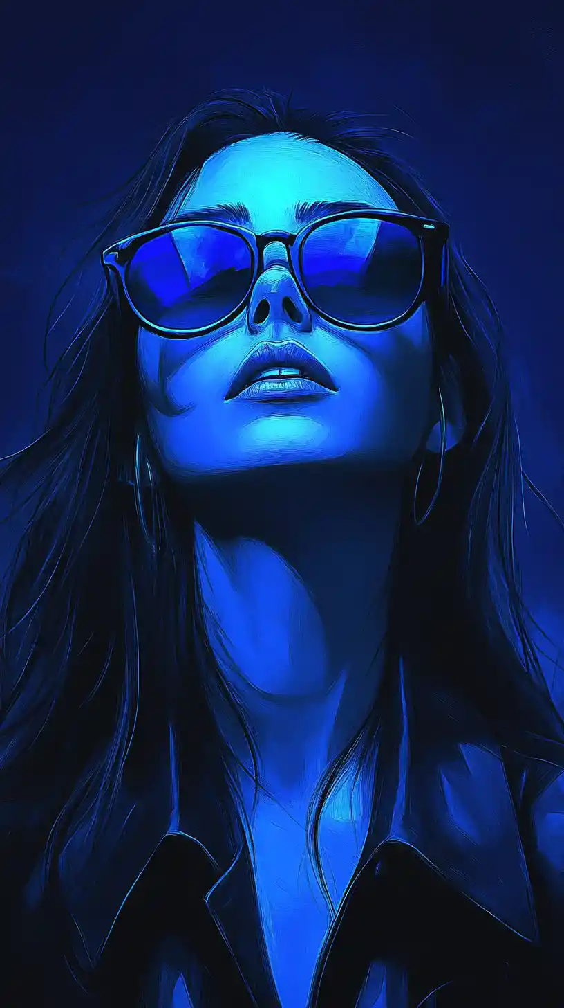 Stylish woman in blue light wearing sunglasses and trench coat