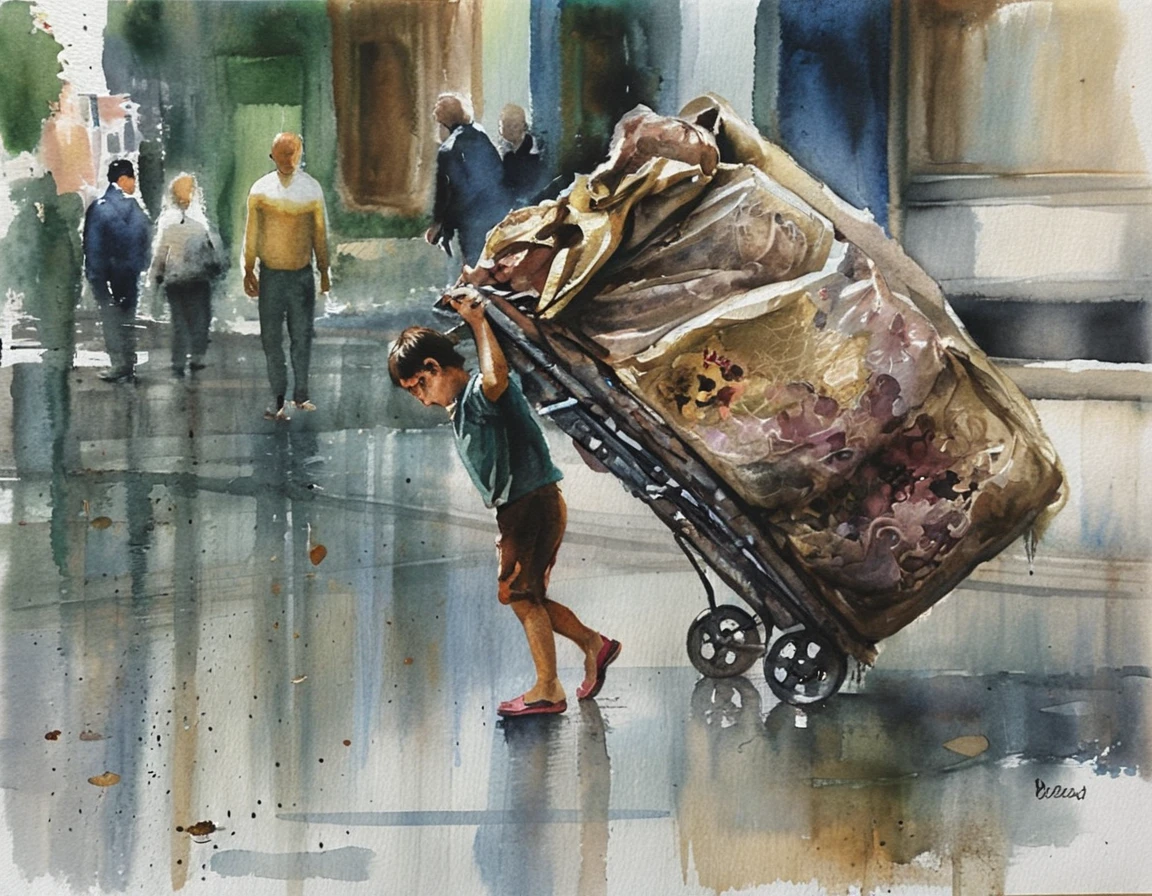 Scène de rue à l’aquarelle avec un enfant poussant une lourde charrette