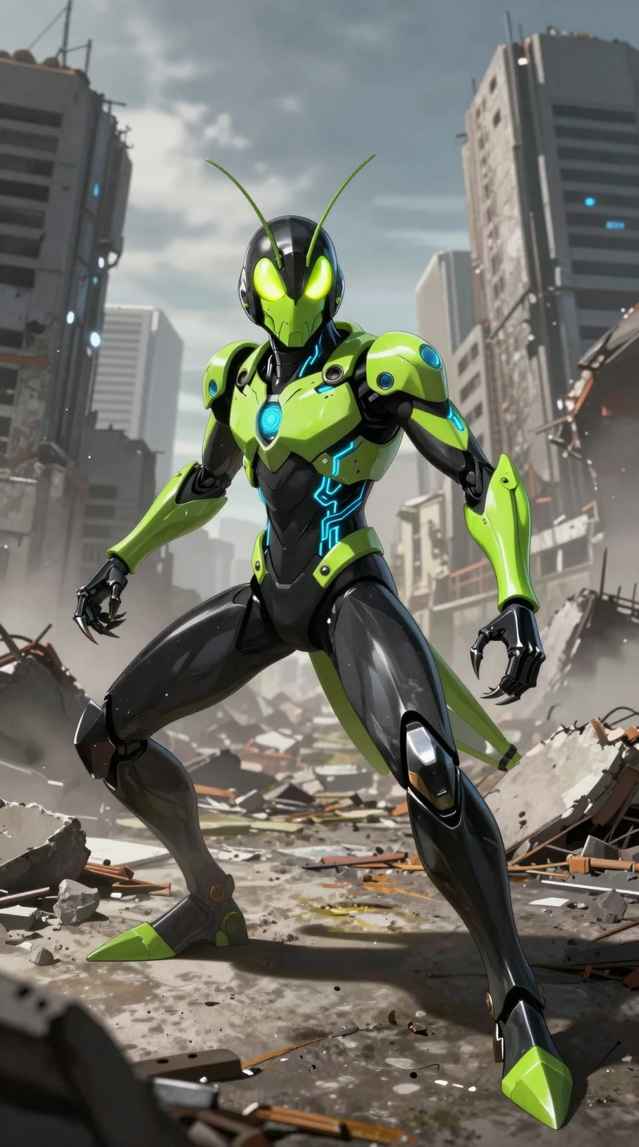 Guerrero saltamontes estilo anime en una ciudad futurista en ruinas