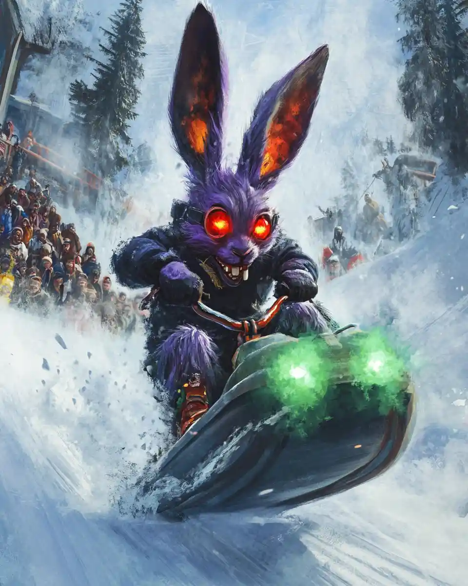 Purple rabbit on bobsled racing down fiery winter slope