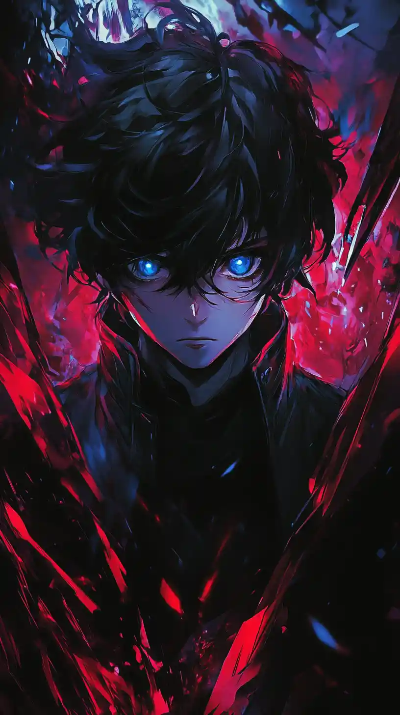 Eroe anime dagli occhi azzurri avvolto in energia cremisi vorticosa
