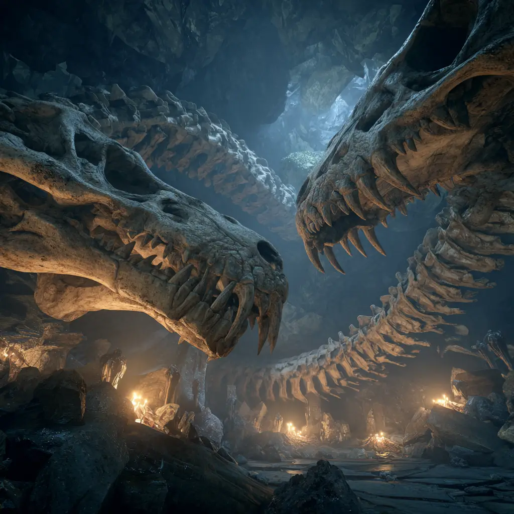 Esqueletos de cobras gigantes entrelaçados em caverna luminosa
