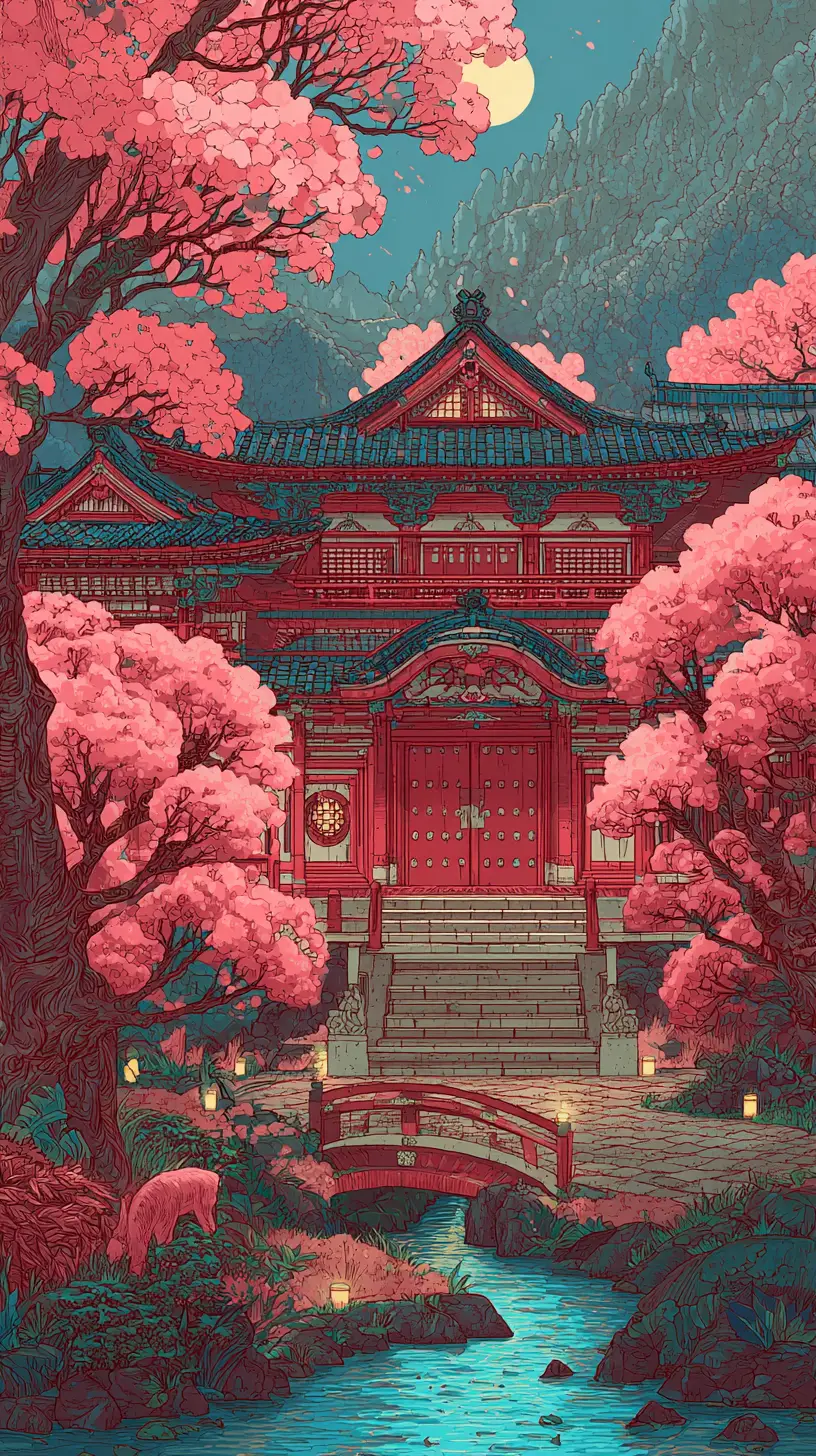 Majestuoso palacio japonés en un valle montañoso de fantasía cubierto de niebla