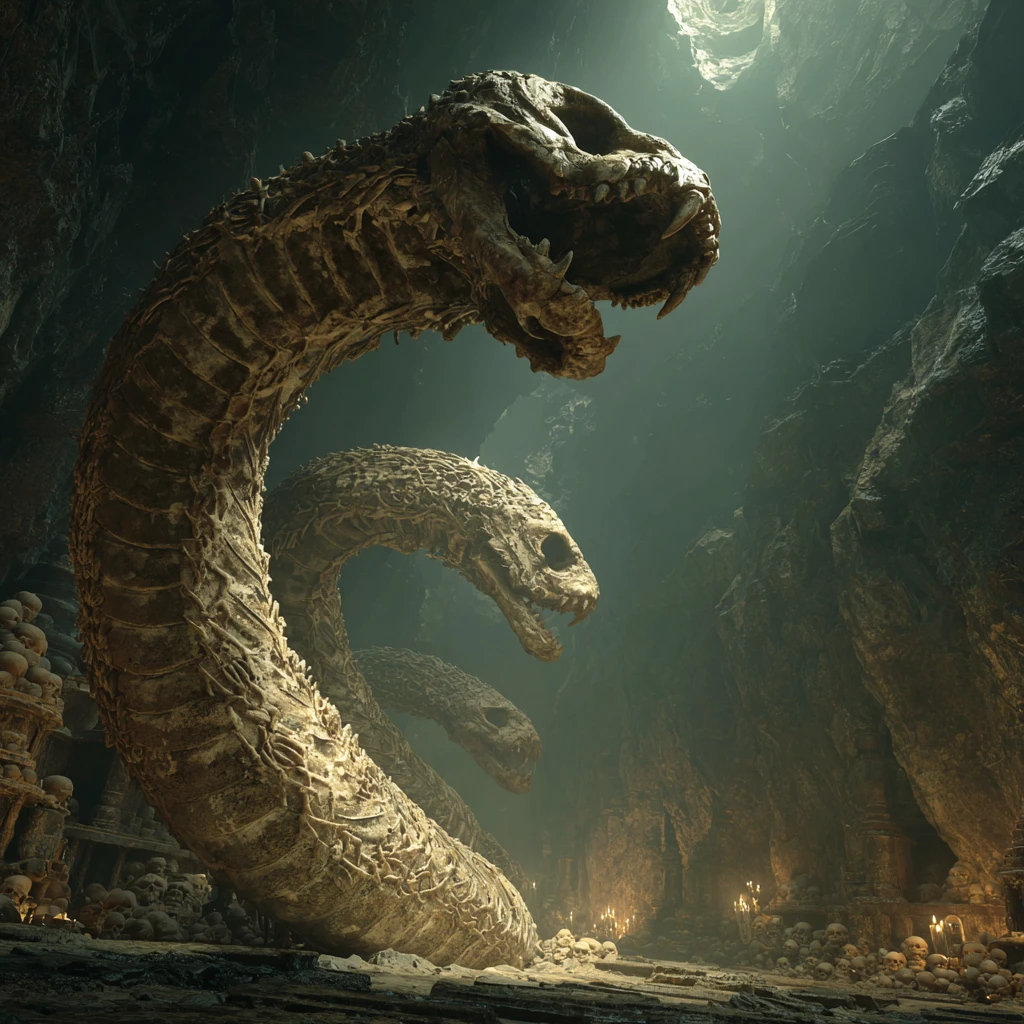 Esqueletos colossais de serpentes entrelaçados em uma caverna luminosa