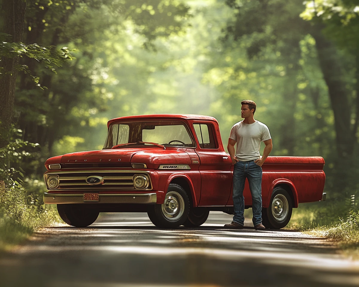 Hombre con camioneta Ford roja clásica en tranquila carretera rural