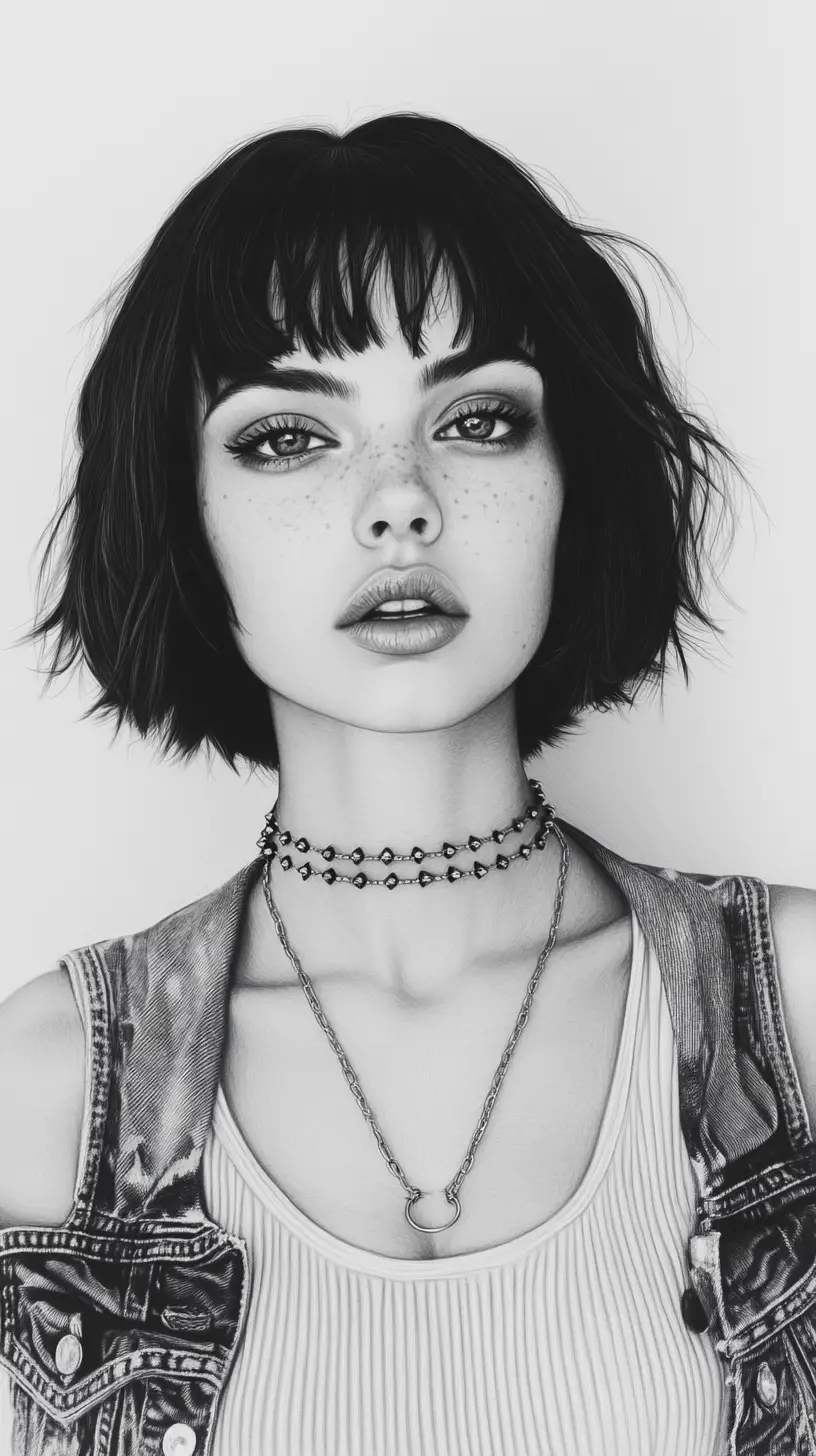 Sensual graphite portrait of a woman in denim jacket