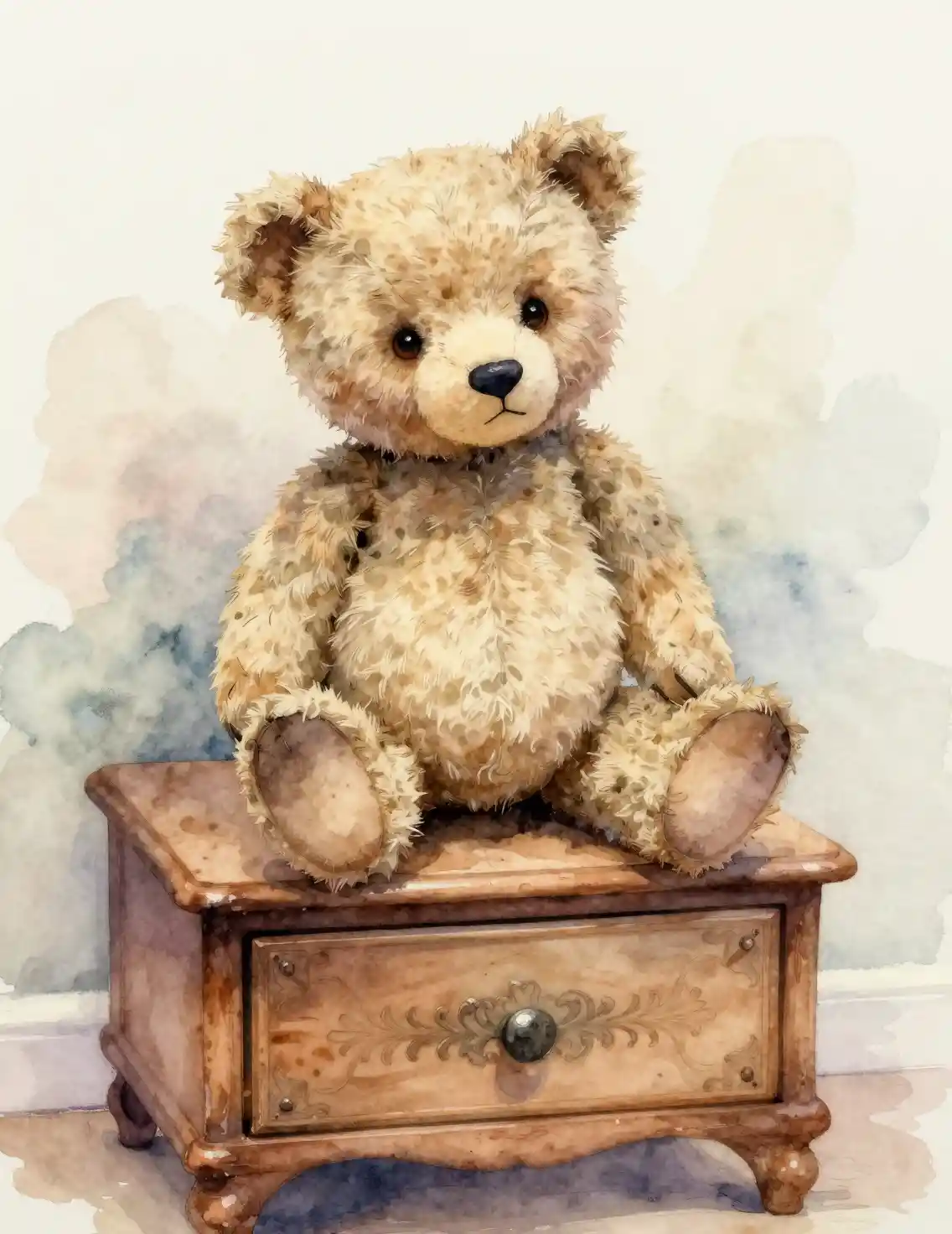 Aquarell-Teddybär auf einer Vintage-Holzkommode