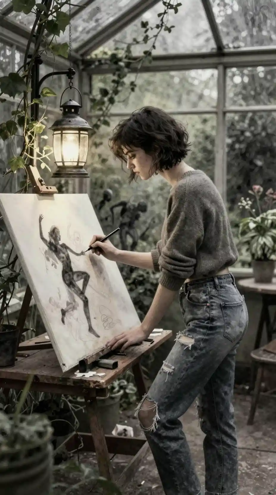 Female artist sketching at a drafting table in moonlit conservatory