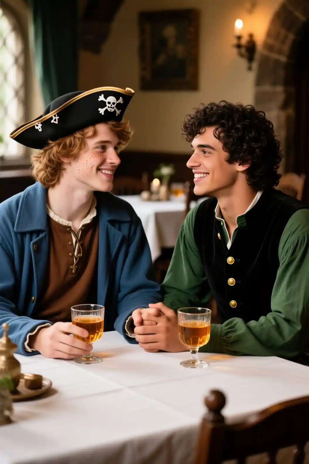 Romantic couple holding hands in an old tavern restaurant