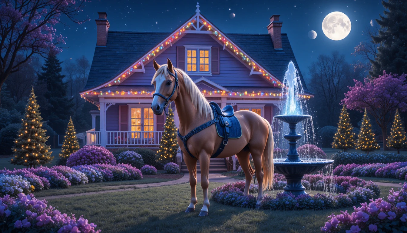Large brown horse in a cozy front yard at night