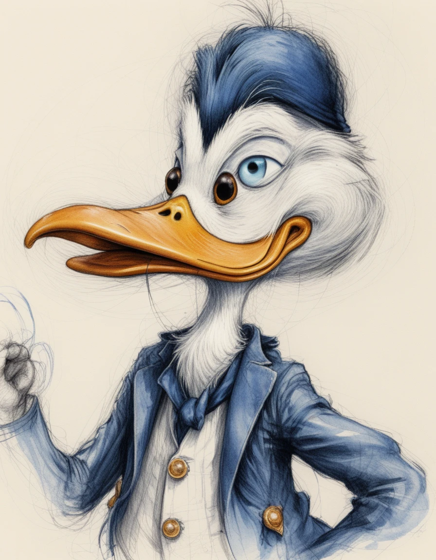 Portrait mélancolique de canard à l’encre et à l’aquarelle détaillées