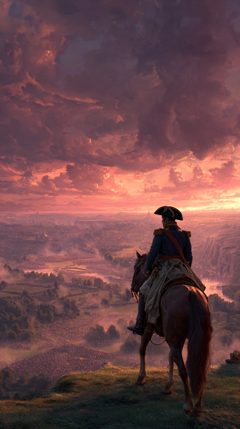 Napoleão a cavalo observando um campo de batalha ao pôr do sol dramático