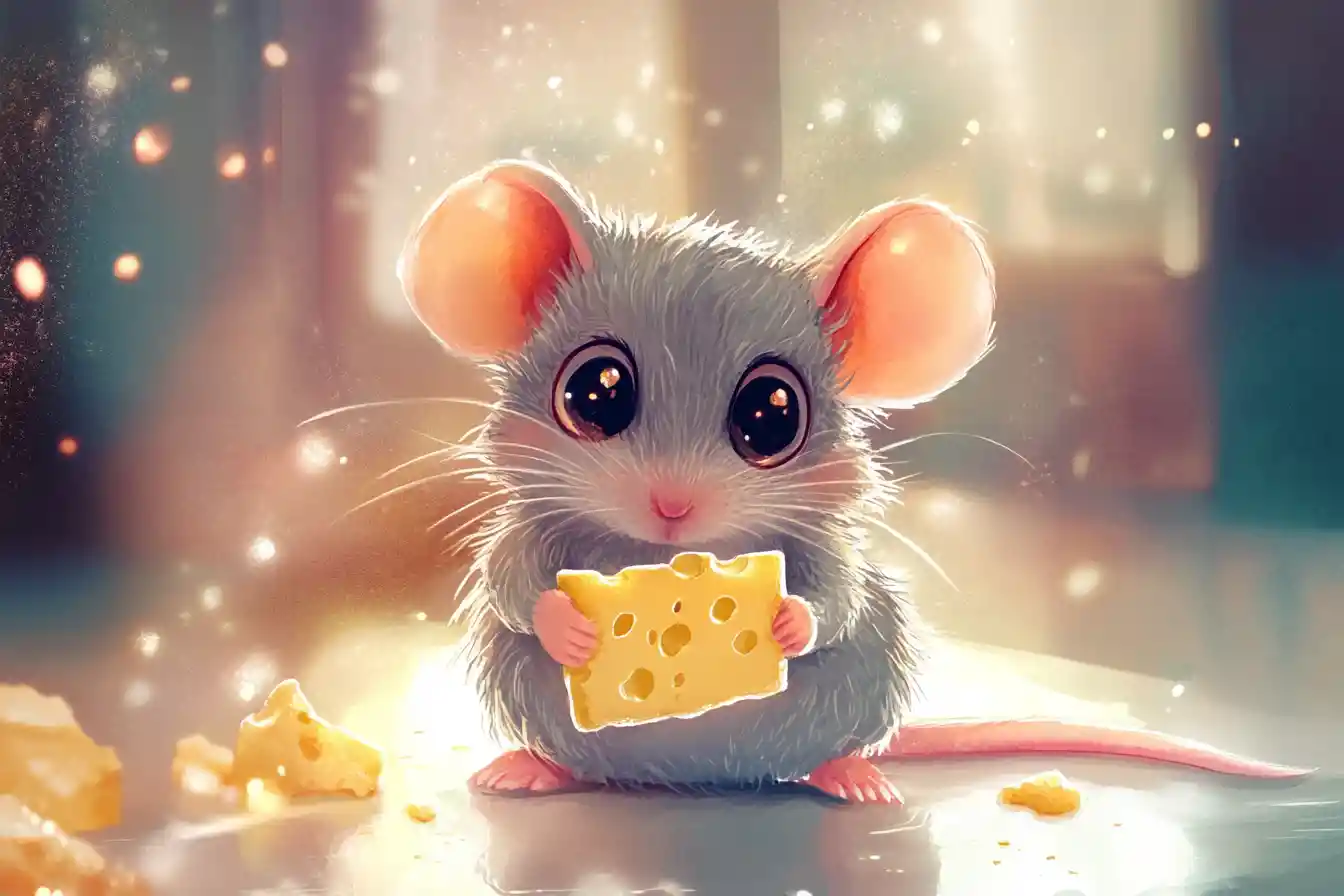 Dolce topolino ad acquerello che rosicchia formaggio luminoso di notte