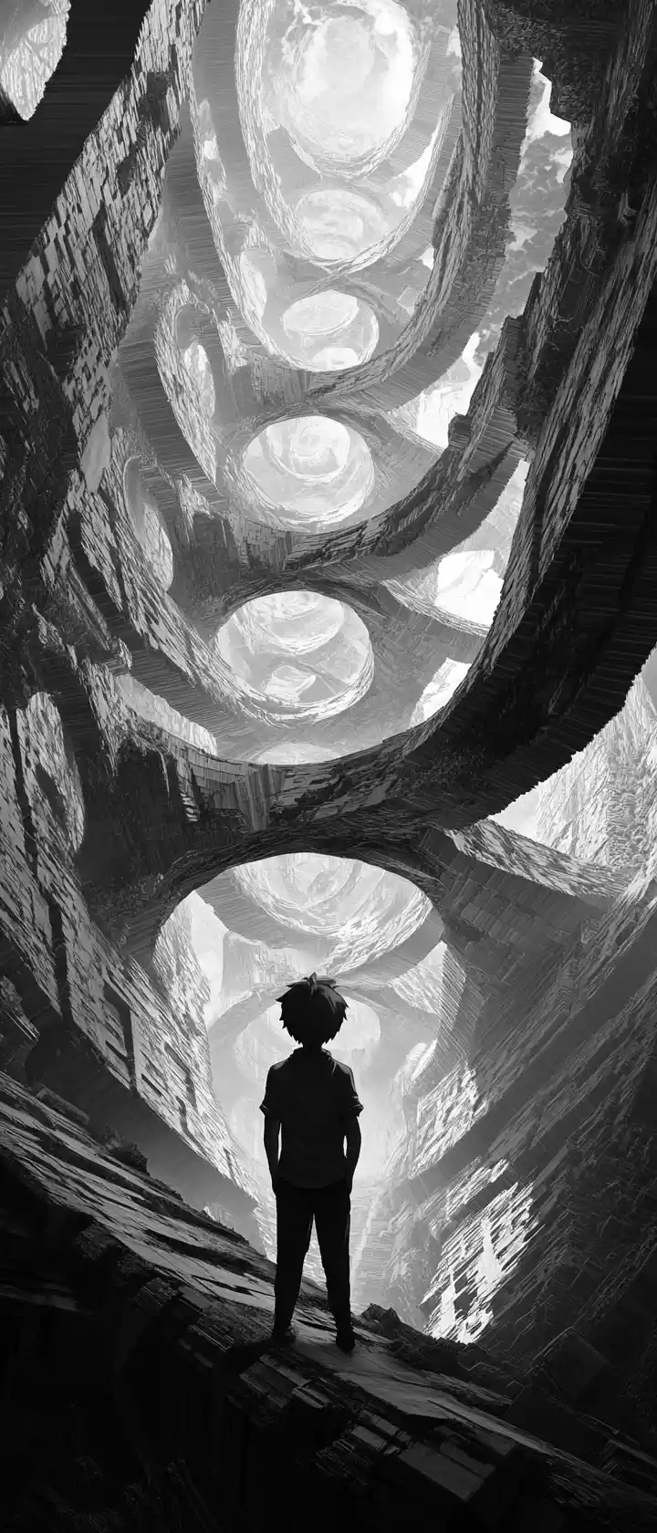 Anime girl in impossible Escher inspired architectural corridor