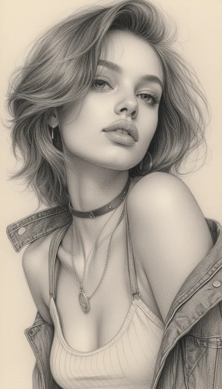 Sensual graphite portrait of young woman in denim jacket