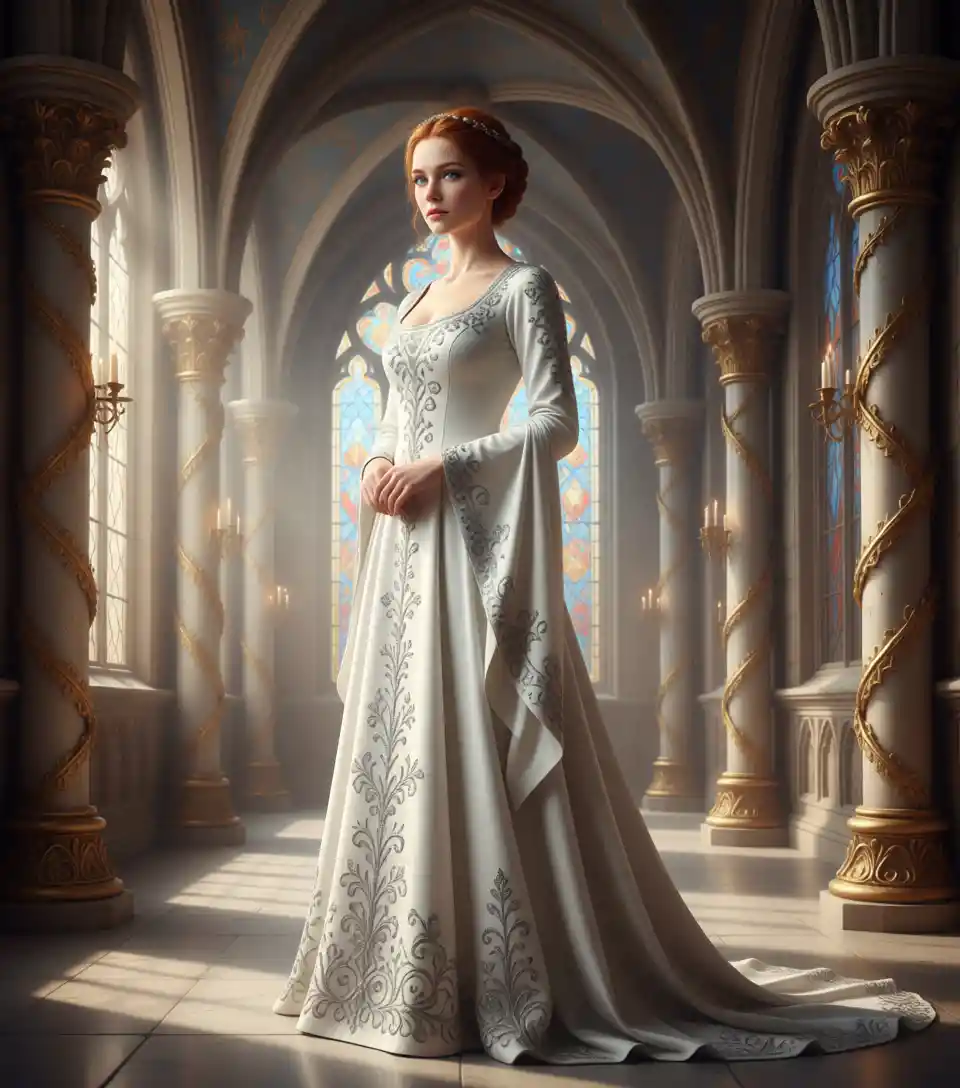 Ritratto di elegante dama medievale in abito di velluto bianco