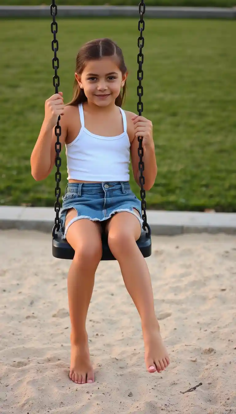 Young girl sitting on a swing in a quiet playground