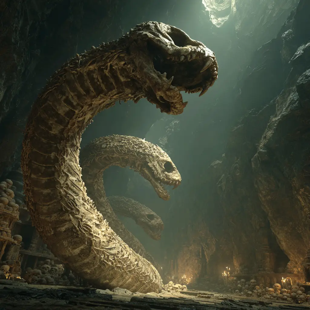 Esqueletos colossais de serpentes entrelaçados em uma caverna luminosa