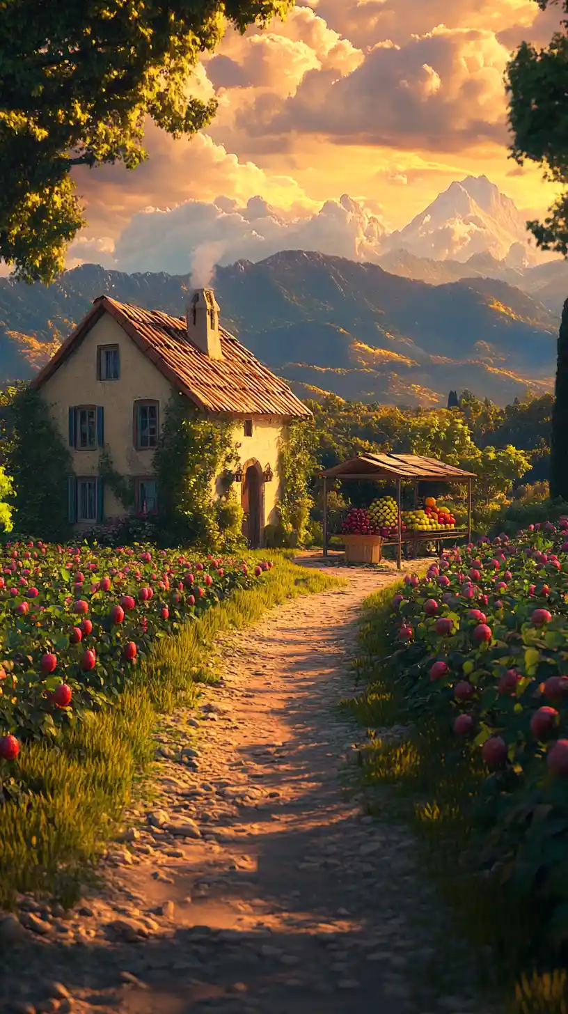 Encantadora casita de campo con puesto de frutas al atardecer