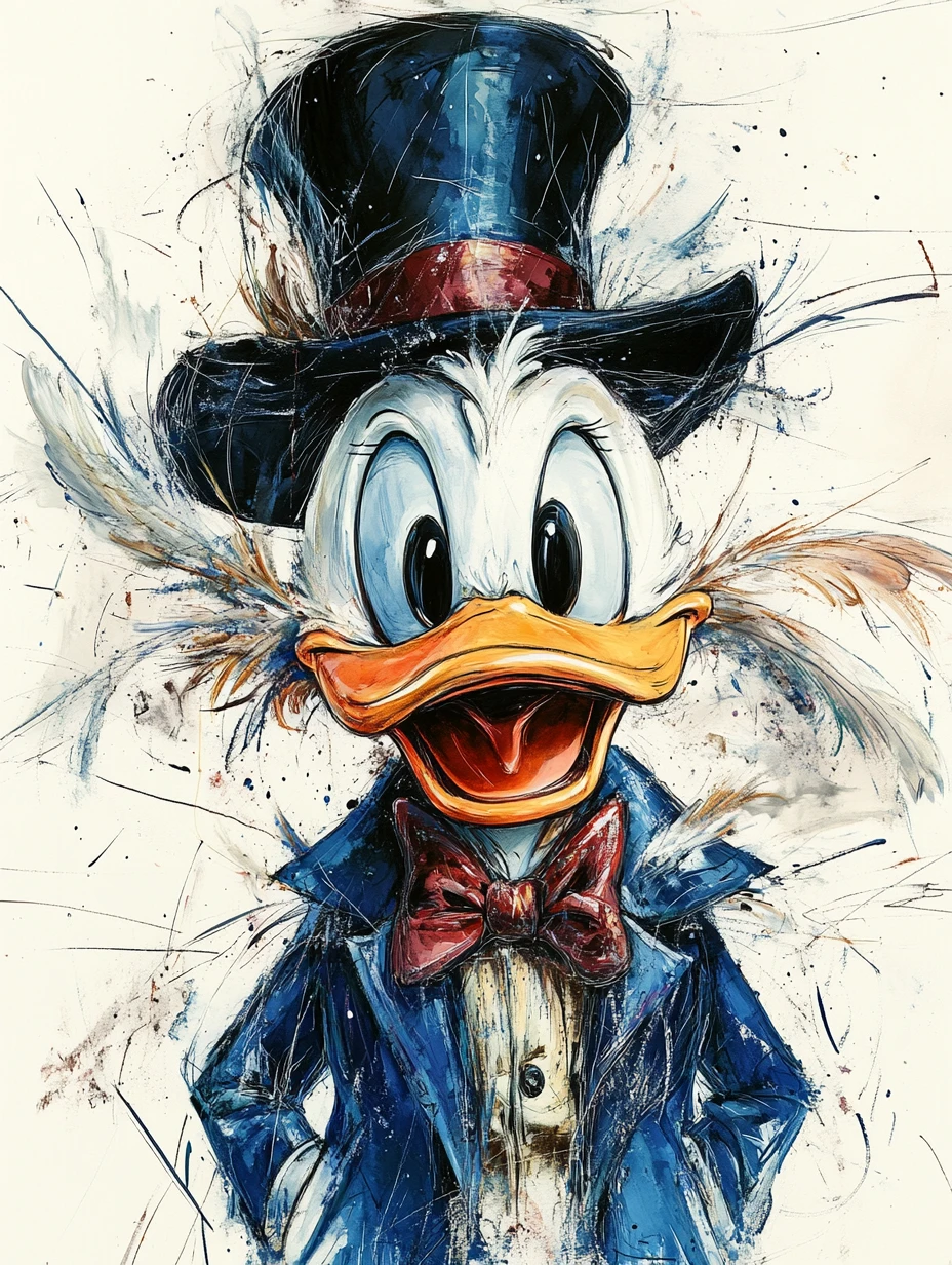 Melancholic duck portrait in ink and watercolor illustration