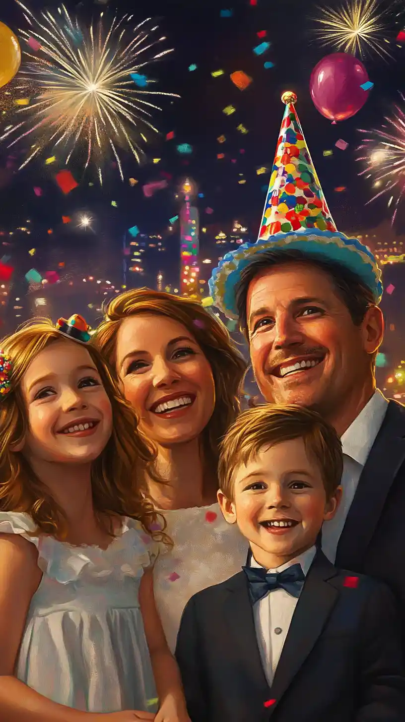Joyful family celebration under fireworks at night